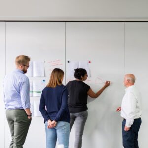 employees working on business plan on wall
